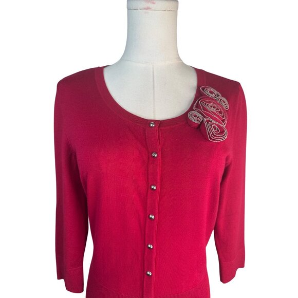 2/$30 White House Black Market Small Red Cardigan Sweater Embellished Shoulder - Picture 5 of 16